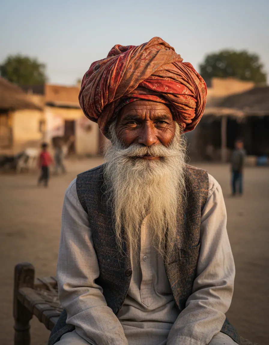 Portrait of an elderly Maldhari man with a traditional turban and a white beard